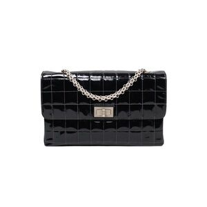 CHANEL 2.55 Medium Vintage Black Patent Quilted Shoulder Bag with Silver Chain